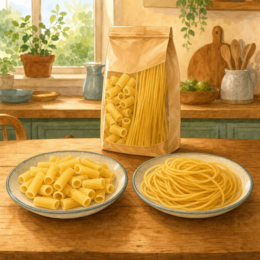 Tubitos de pasta y espaguetis largos en dos platos.