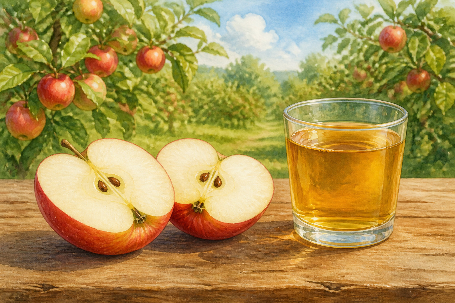 Una manzana y un pequeño vaso de zumo de manzana.